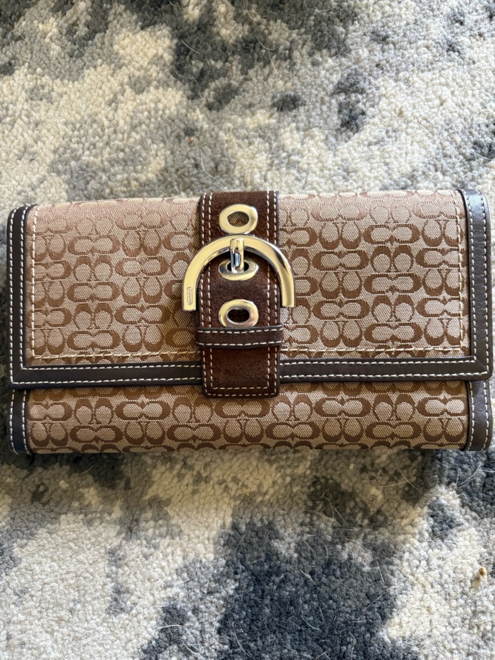 Coach Brown Signature Monogram Wallet with Gold Buckle